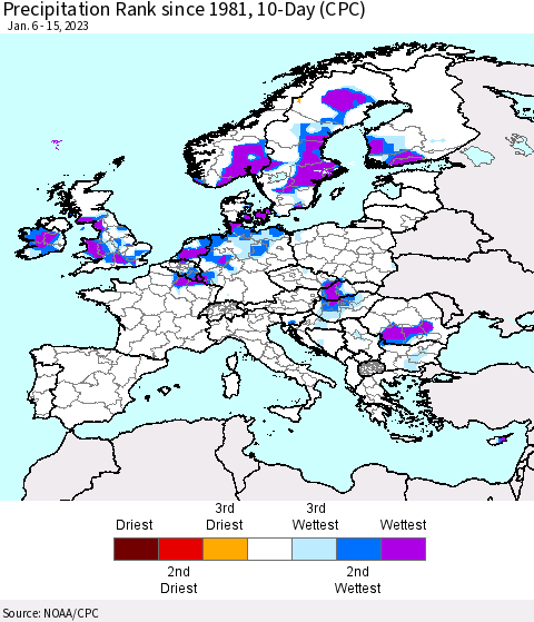 Europe Precipitation Rank since 1981, 10-Day (CPC) Thematic Map For 1/6/2023 - 1/15/2023
