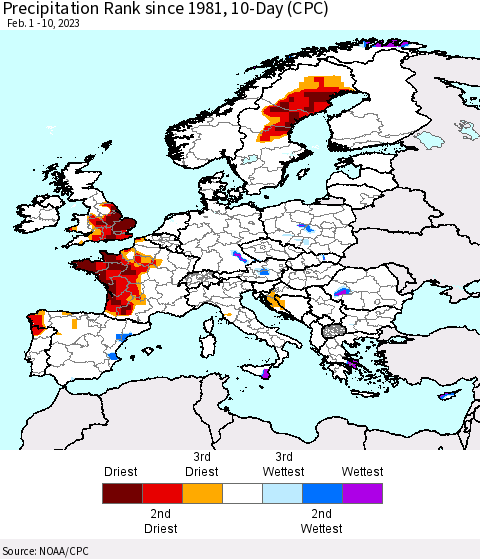 Europe Precipitation Rank since 1981, 10-Day (CPC) Thematic Map For 2/1/2023 - 2/10/2023