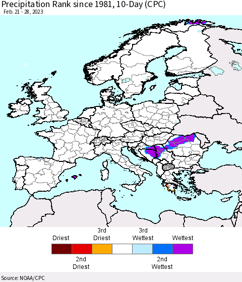Europe Precipitation Rank since 1981, 10-Day (CPC) Thematic Map For 2/21/2023 - 2/28/2023