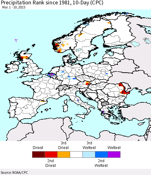 Europe Precipitation Rank since 1981, 10-Day (CPC) Thematic Map For 3/1/2023 - 3/10/2023