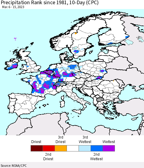Europe Precipitation Rank since 1981, 10-Day (CPC) Thematic Map For 3/6/2023 - 3/15/2023