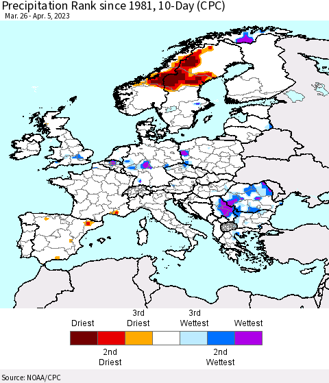 Europe Precipitation Rank since 1981, 10-Day (CPC) Thematic Map For 3/26/2023 - 4/5/2023