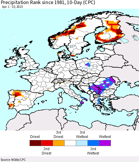 Europe Precipitation Rank since 1981, 10-Day (CPC) Thematic Map For 4/1/2023 - 4/10/2023