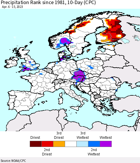 Europe Precipitation Rank since 1981, 10-Day (CPC) Thematic Map For 4/6/2023 - 4/15/2023