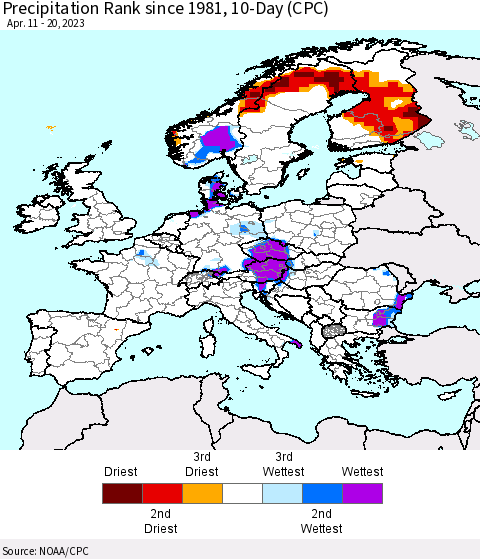 Europe Precipitation Rank since 1981, 10-Day (CPC) Thematic Map For 4/11/2023 - 4/20/2023