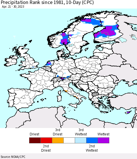 Europe Precipitation Rank since 1981, 10-Day (CPC) Thematic Map For 4/21/2023 - 4/30/2023