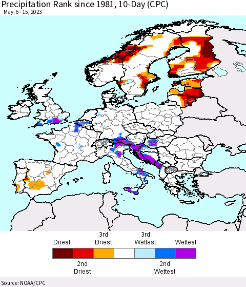 Europe Precipitation Rank since 1981, 10-Day (CPC) Thematic Map For 5/6/2023 - 5/15/2023