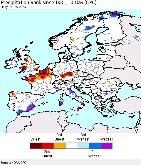 Europe Precipitation Rank since 1981, 10-Day (CPC) Thematic Map For 5/16/2023 - 5/25/2023