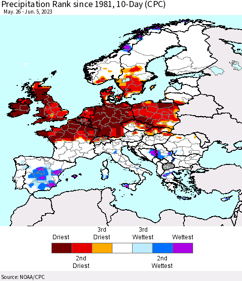 Europe Precipitation Rank since 1981, 10-Day (CPC) Thematic Map For 5/26/2023 - 6/5/2023