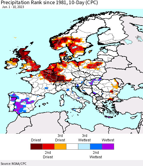 Europe Precipitation Rank since 1981, 10-Day (CPC) Thematic Map For 6/1/2023 - 6/10/2023