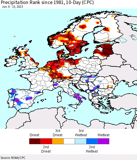 Europe Precipitation Rank since 1981, 10-Day (CPC) Thematic Map For 6/6/2023 - 6/15/2023