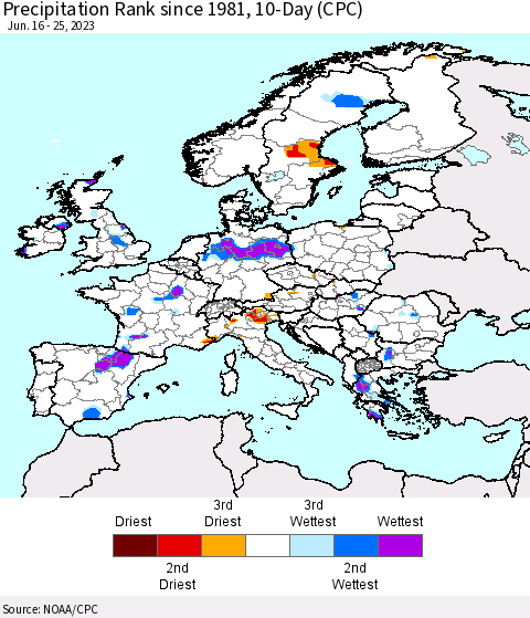 Europe Precipitation Rank since 1981, 10-Day (CPC) Thematic Map For 6/16/2023 - 6/25/2023