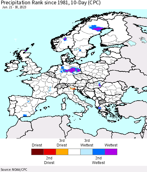Europe Precipitation Rank since 1981, 10-Day (CPC) Thematic Map For 6/21/2023 - 6/30/2023