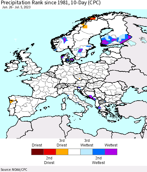Europe Precipitation Rank since 1981, 10-Day (CPC) Thematic Map For 6/26/2023 - 7/5/2023