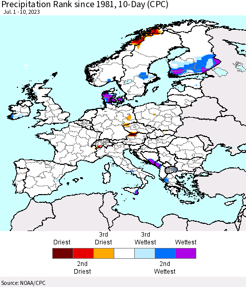 Europe Precipitation Rank since 1981, 10-Day (CPC) Thematic Map For 7/1/2023 - 7/10/2023