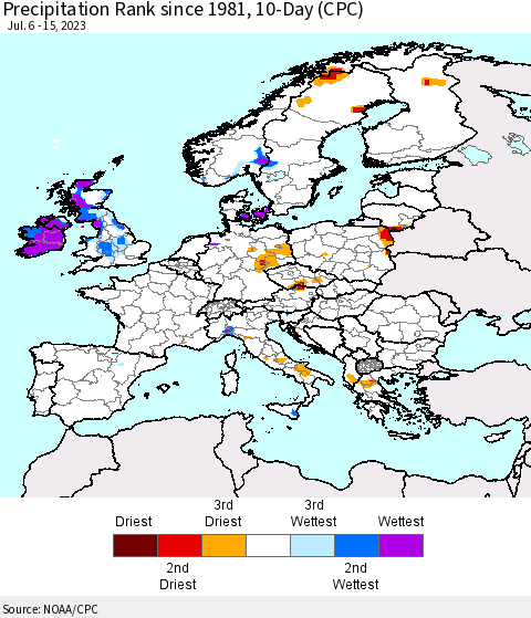 Europe Precipitation Rank since 1981, 10-Day (CPC) Thematic Map For 7/6/2023 - 7/15/2023