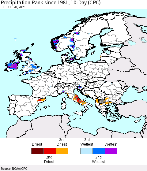 Europe Precipitation Rank since 1981, 10-Day (CPC) Thematic Map For 7/11/2023 - 7/20/2023