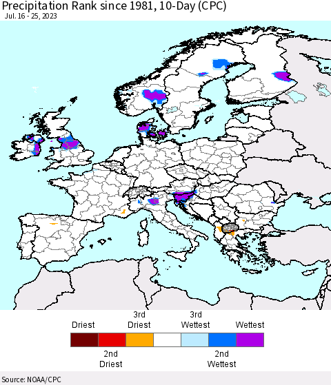 Europe Precipitation Rank since 1981, 10-Day (CPC) Thematic Map For 7/16/2023 - 7/25/2023