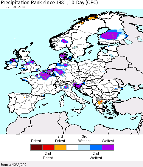 Europe Precipitation Rank since 1981, 10-Day (CPC) Thematic Map For 7/21/2023 - 7/31/2023