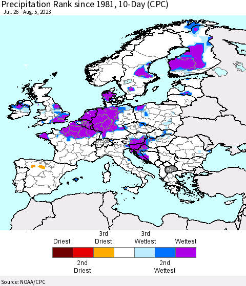 Europe Precipitation Rank since 1981, 10-Day (CPC) Thematic Map For 7/26/2023 - 8/5/2023