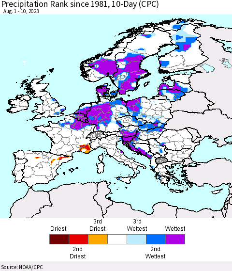 Europe Precipitation Rank since 1981, 10-Day (CPC) Thematic Map For 8/1/2023 - 8/10/2023