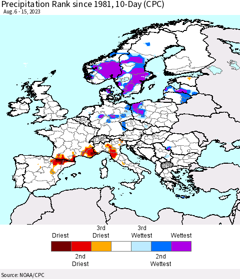 Europe Precipitation Rank since 1981, 10-Day (CPC) Thematic Map For 8/6/2023 - 8/15/2023