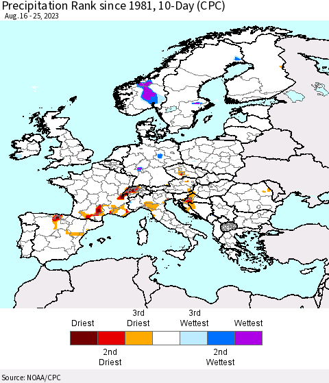 Europe Precipitation Rank since 1981, 10-Day (CPC) Thematic Map For 8/16/2023 - 8/25/2023