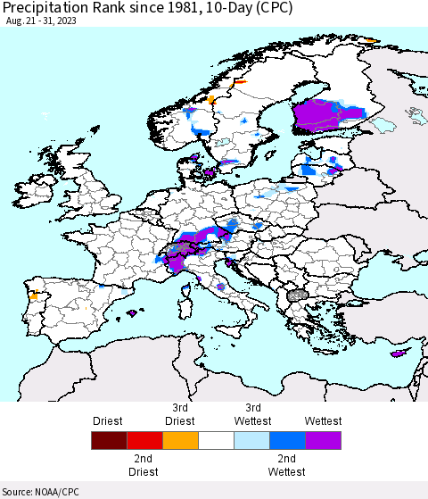 Europe Precipitation Rank since 1981, 10-Day (CPC) Thematic Map For 8/21/2023 - 8/31/2023