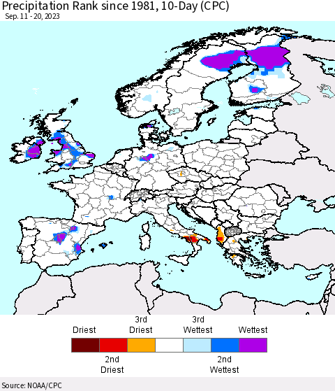 Europe Precipitation Rank since 1981, 10-Day (CPC) Thematic Map For 9/11/2023 - 9/20/2023