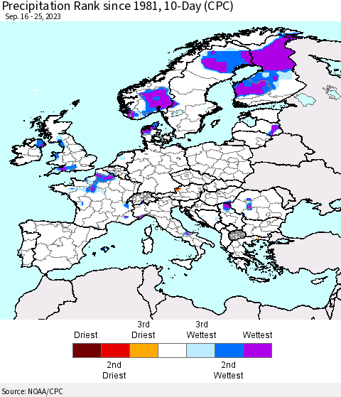 Europe Precipitation Rank since 1981, 10-Day (CPC) Thematic Map For 9/16/2023 - 9/25/2023
