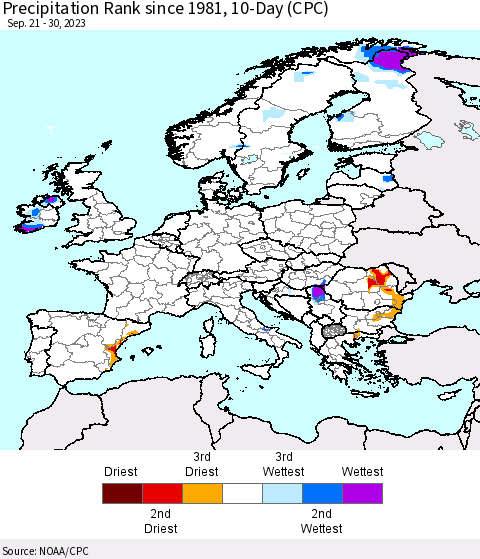 Europe Precipitation Rank since 1981, 10-Day (CPC) Thematic Map For 9/21/2023 - 9/30/2023