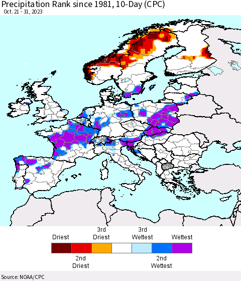 Europe Precipitation Rank since 1981, 10-Day (CPC) Thematic Map For 10/21/2023 - 10/31/2023