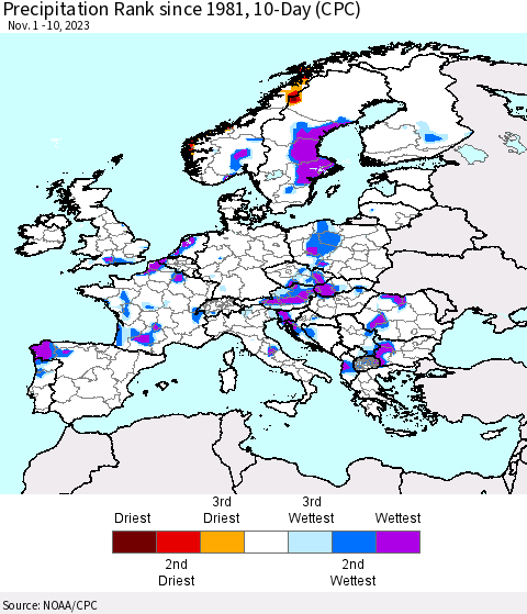 Europe Precipitation Rank since 1981, 10-Day (CPC) Thematic Map For 11/1/2023 - 11/10/2023