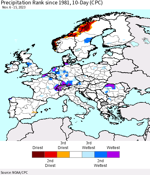 Europe Precipitation Rank since 1981, 10-Day (CPC) Thematic Map For 11/6/2023 - 11/15/2023