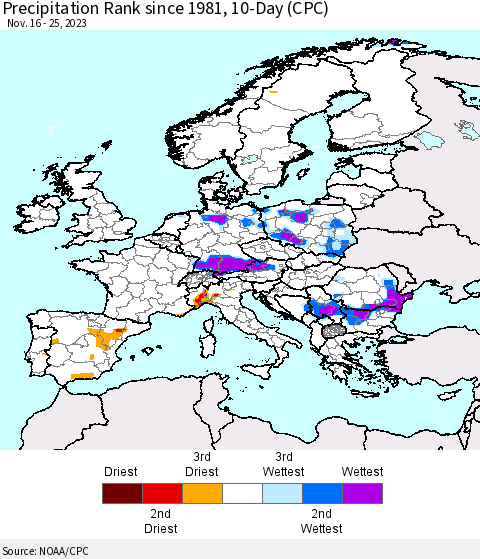 Europe Precipitation Rank since 1981, 10-Day (CPC) Thematic Map For 11/16/2023 - 11/25/2023