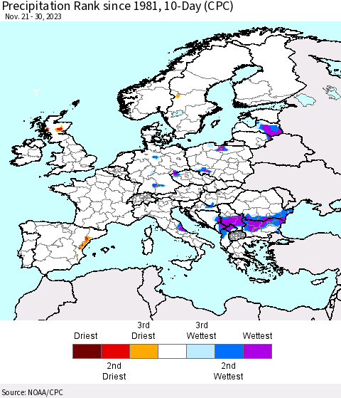 Europe Precipitation Rank since 1981, 10-Day (CPC) Thematic Map For 11/21/2023 - 11/30/2023