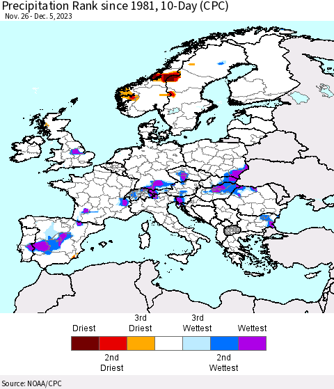 Europe Precipitation Rank since 1981, 10-Day (CPC) Thematic Map For 11/26/2023 - 12/5/2023