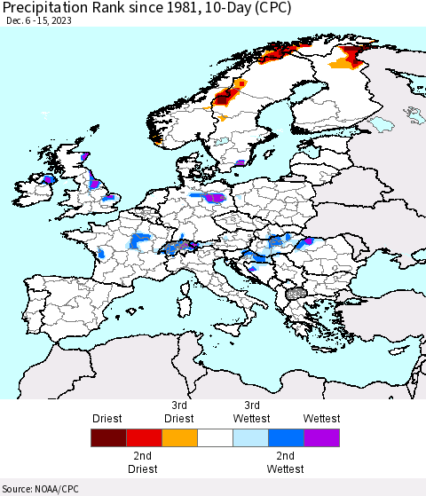 Europe Precipitation Rank since 1981, 10-Day (CPC) Thematic Map For 12/6/2023 - 12/15/2023