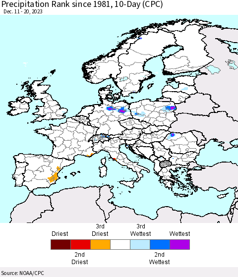 Europe Precipitation Rank since 1981, 10-Day (CPC) Thematic Map For 12/11/2023 - 12/20/2023