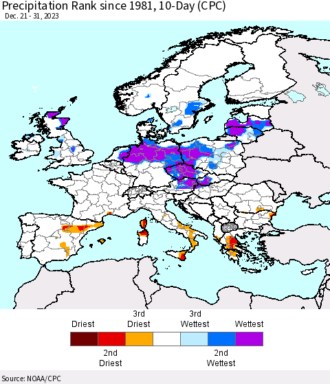 Europe Precipitation Rank since 1981, 10-Day (CPC) Thematic Map For 12/21/2023 - 12/31/2023