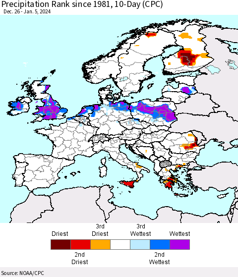 Europe Precipitation Rank since 1981, 10-Day (CPC) Thematic Map For 12/26/2023 - 1/5/2024