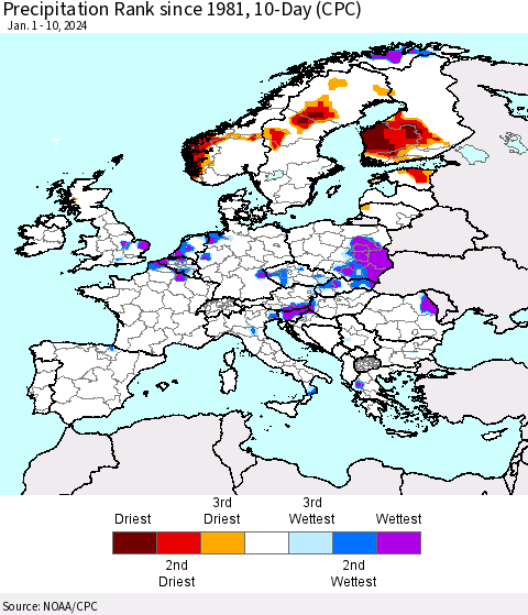 Europe Precipitation Rank since 1981, 10-Day (CPC) Thematic Map For 1/1/2024 - 1/10/2024
