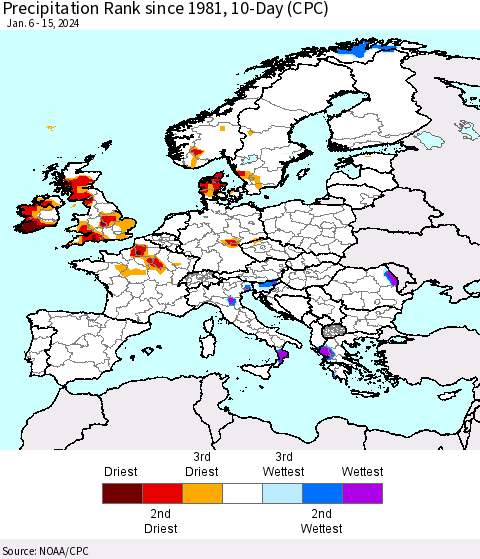 Europe Precipitation Rank since 1981, 10-Day (CPC) Thematic Map For 1/6/2024 - 1/15/2024
