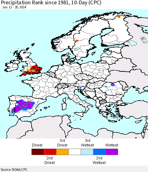 Europe Precipitation Rank since 1981, 10-Day (CPC) Thematic Map For 1/11/2024 - 1/20/2024