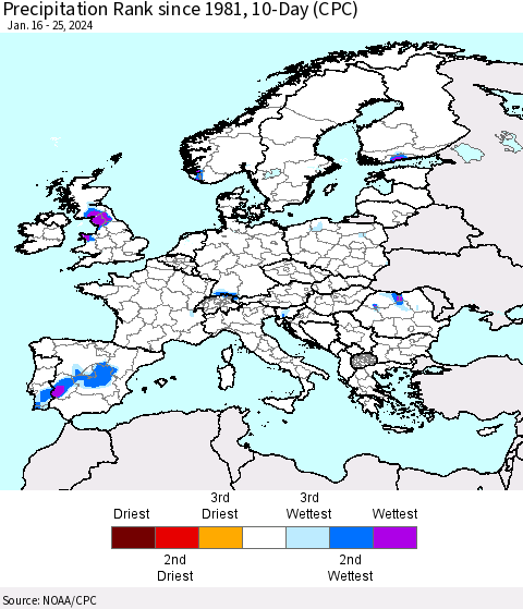 Europe Precipitation Rank since 1981, 10-Day (CPC) Thematic Map For 1/16/2024 - 1/25/2024
