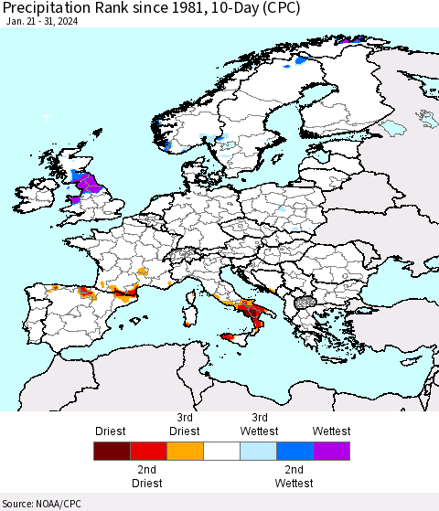 Europe Precipitation Rank since 1981, 10-Day (CPC) Thematic Map For 1/21/2024 - 1/31/2024