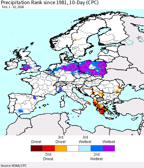 Europe Precipitation Rank since 1981, 10-Day (CPC) Thematic Map For 2/1/2024 - 2/10/2024