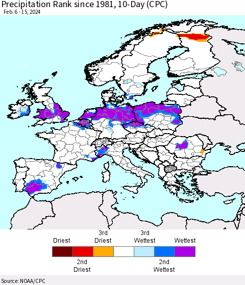 Europe Precipitation Rank since 1981, 10-Day (CPC) Thematic Map For 2/6/2024 - 2/15/2024