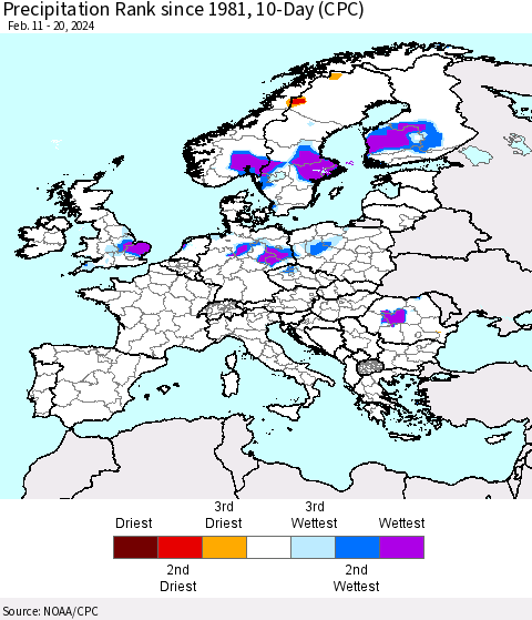 Europe Precipitation Rank since 1981, 10-Day (CPC) Thematic Map For 2/11/2024 - 2/20/2024