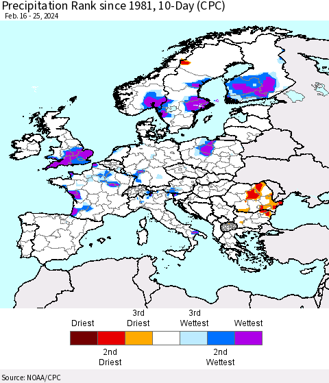 Europe Precipitation Rank since 1981, 10-Day (CPC) Thematic Map For 2/16/2024 - 2/25/2024